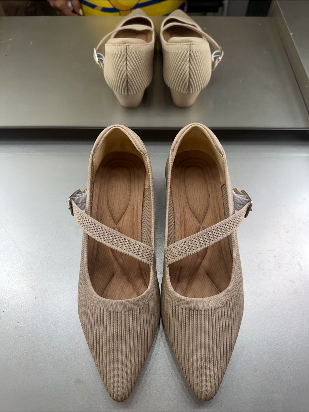 Beige Pointed-Toe Mary Jane Flats with Cross Strap